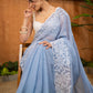Elegant Powder Blue Organza Saree Highlighted With Overall Intricate Floral Embroidery