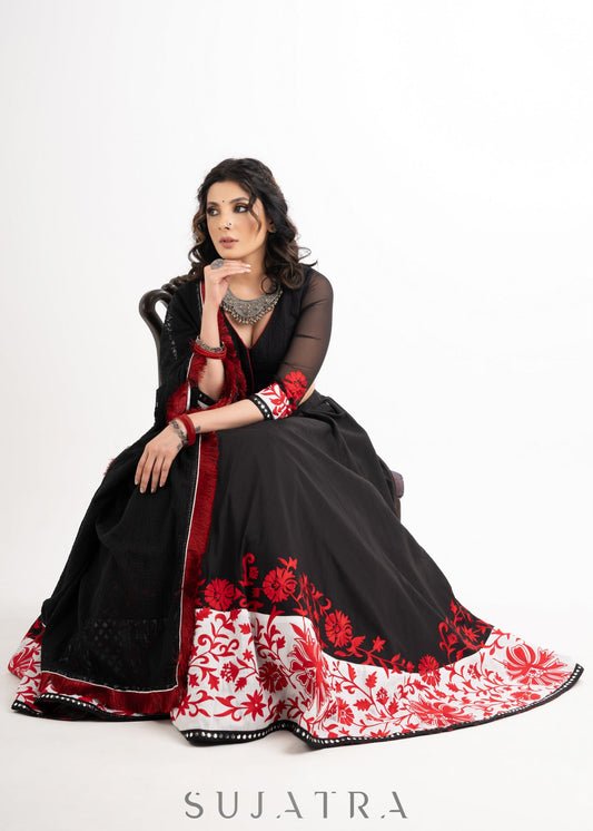 Exclusive Black Cotton Silk Lehenga with Red Delicate Embroidery combined with Embroidered Georgette Blouse & Dupatta