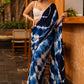 Stylish Navy Blue Shibori Georgette Saree With Beautiful Overall Sequenced Crochet Highlighted With Minimal Pearl Lace