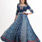 Block Printed Indigo Cotton Lehenga with Exquisite Hand Embroidered Blouse & Indigo Dupatta