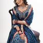 Block Printed Indigo Cotton Lehenga with Exquisite Hand Embroidered Blouse & Indigo Dupatta