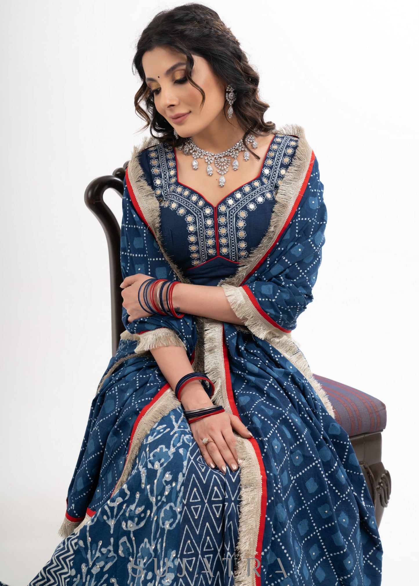 Block Printed Indigo Cotton Lehenga with Exquisite Hand Embroidered Blouse & Indigo Dupatta