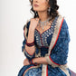 Block Printed Indigo Cotton Lehenga with Exquisite Hand Embroidered Blouse & Indigo Dupatta