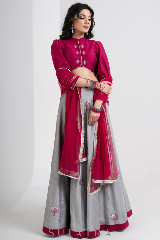 Stylish Grey Cotton Silk Lehenga with Magenta Cototn Silk Blouse & Net Dupatta