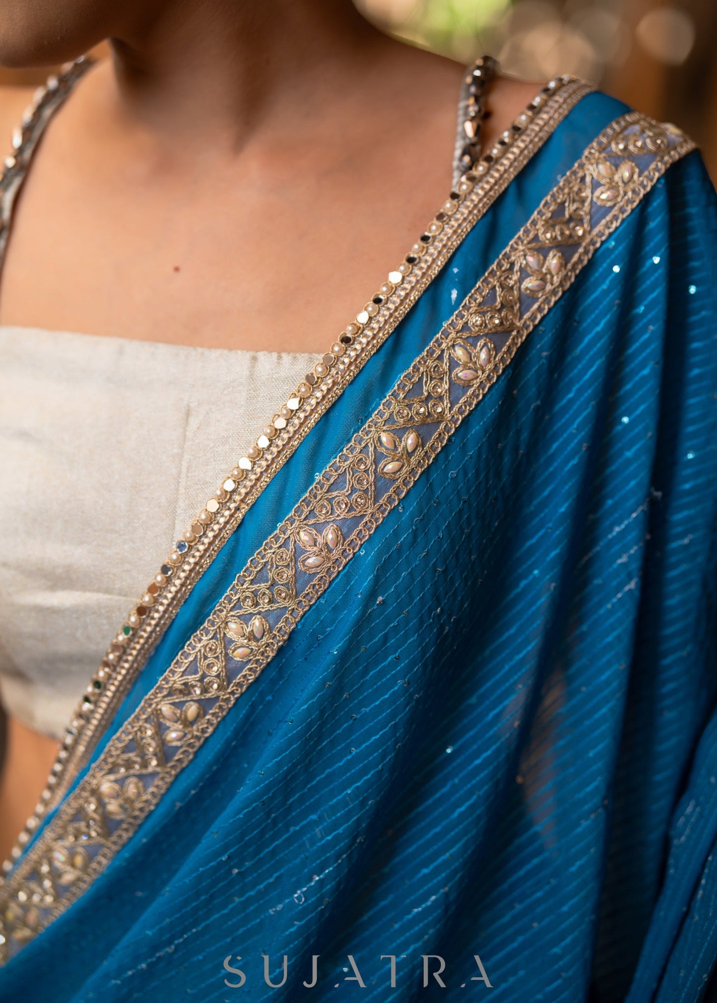 Trendy Teal Ombre Saree With Overall Sequence Highlighted With Beautiful Pearl Laces