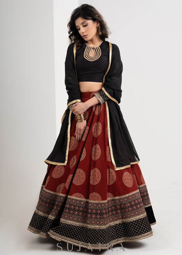 Purple Ajrakh Embroidered Blouse, Lehenga & Jacket Set main image 0