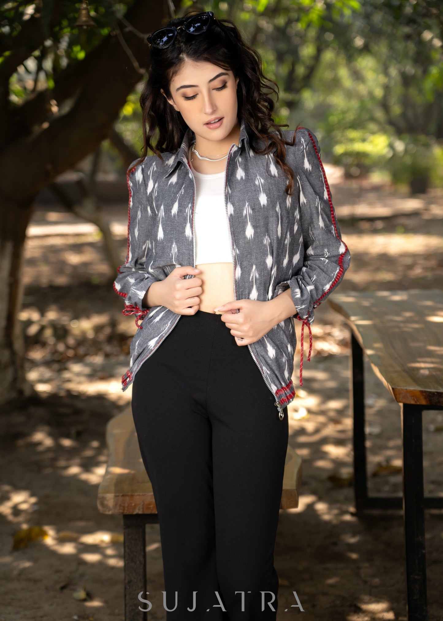 Stylish grey cotton ikat bomber jacket with red highlights