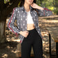 Stylish grey cotton ikat bomber jacket with red highlights