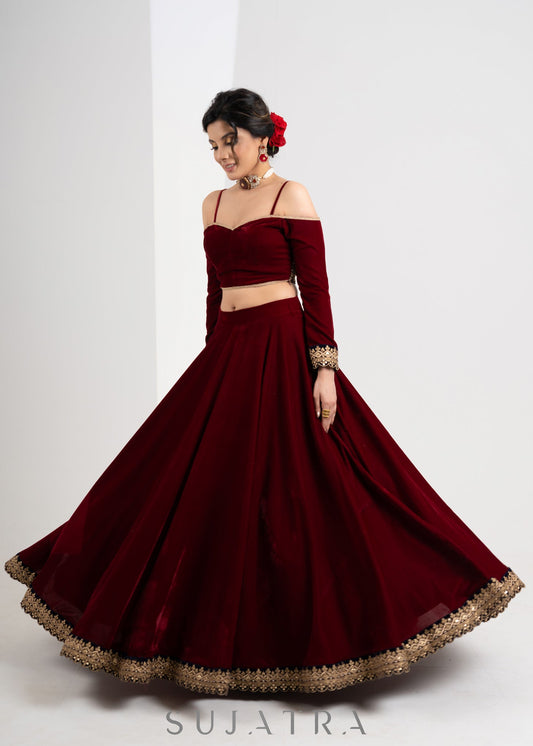 Elegant Maroon Velvet Lehenga with Delicate Border