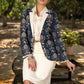 Stylish navy blue cotton floral kantha semi formal blazer with optional skirt