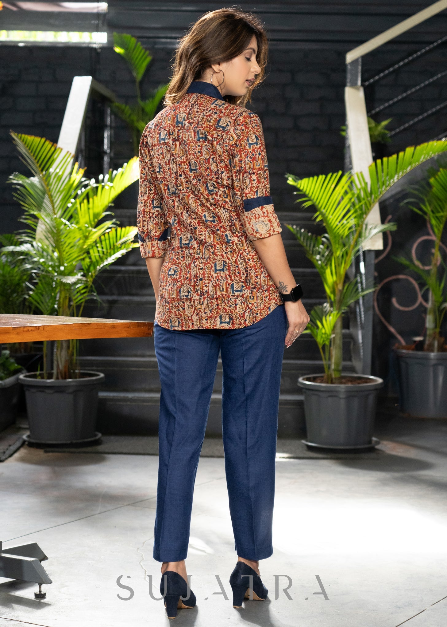 Smart Maroon Kalamkari Cotton Shirt with Navy Blue Detailing