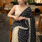 Elegant Black & Beige Combination Cotton Silk Saree With Overall Floral Motif Embroidery