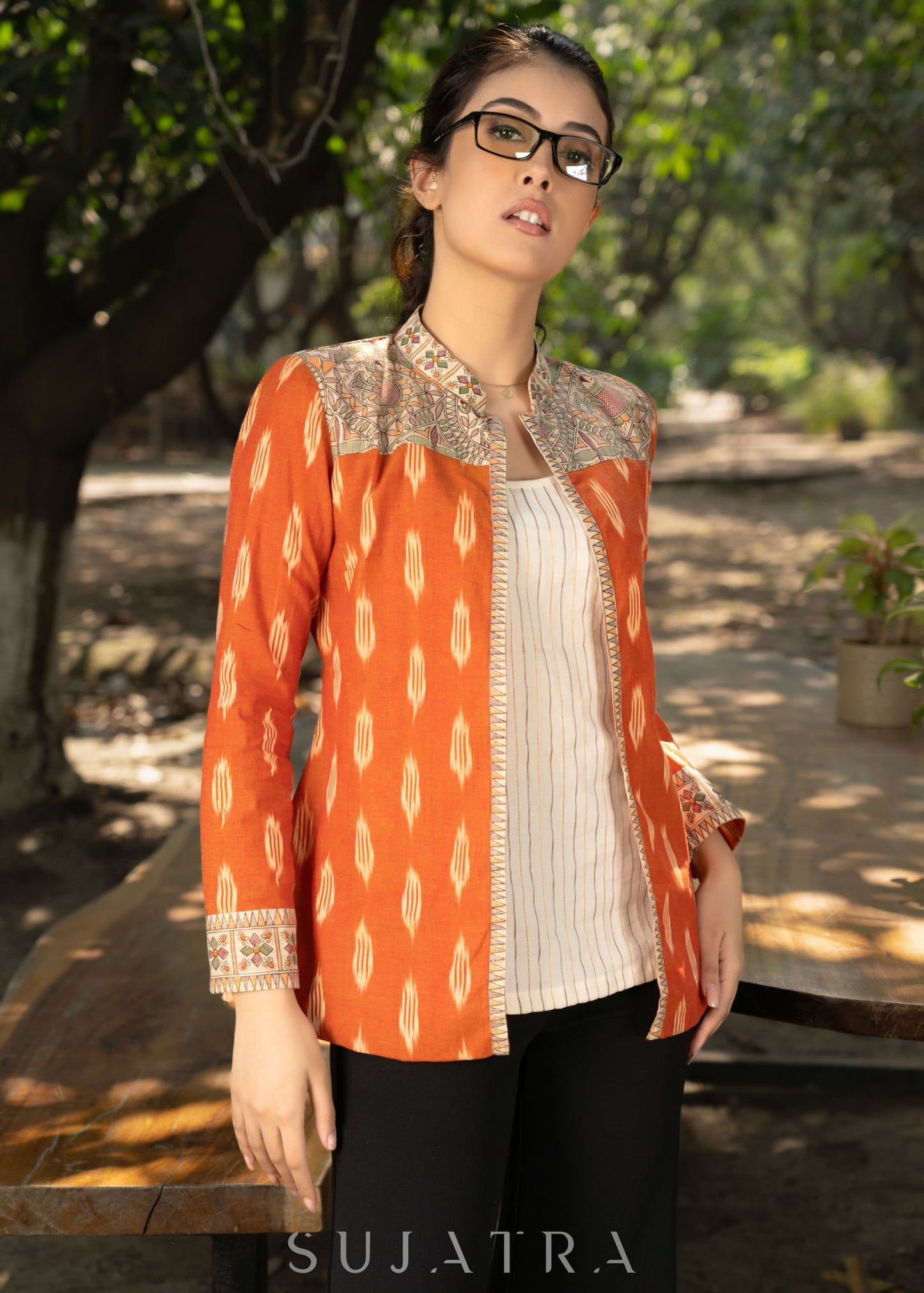 Elegant orange cotton ikat jacket with madhubani combination and optional embroidered inner