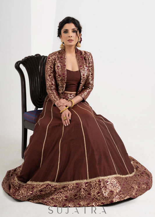 Trendy Brown Brocade Cotton Silk Combination Lehenga with Jacket