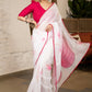Stylish White Organza Saree With Overall Floral Brush Painting Highlighted With Minimal Lace