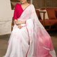 Stylish White Organza Saree With Overall Floral Brush Painting Highlighted With Minimal Lace