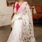 Trendy White Organza Saree With Overall floral Brush Painting Highlighted With Minimal Hand Embroidery