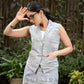 Elegant grey textured handloom cotton formal waistcoat with optional matching skirt