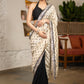 Elegant Light Beige Cotton Silk Saree With Black Georgette Combination Highlighted With Beautiful Floral Embroidery And Contrast Lace