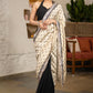 Elegant Light Beige Cotton Silk Saree With Black Georgette Combination Highlighted With Beautiful Floral Embroidery And Contrast Lace
