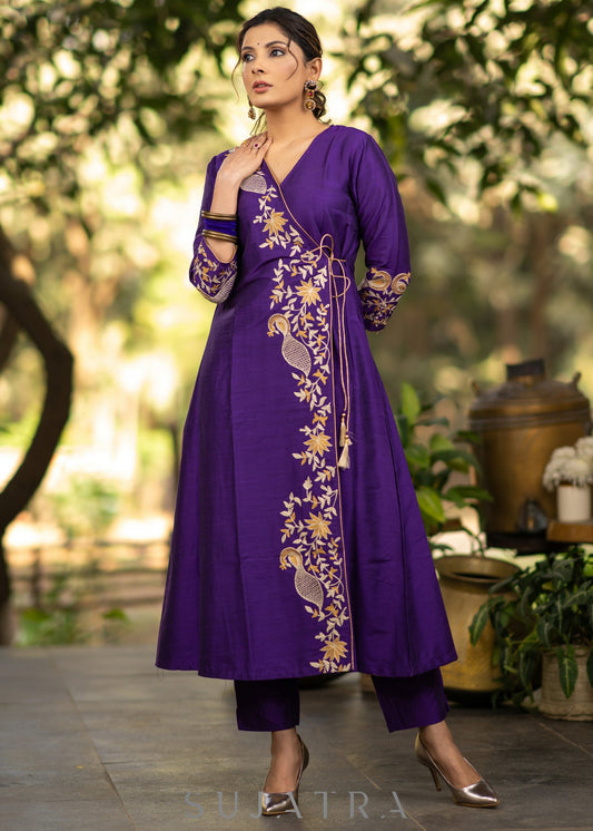Purple Cotton silk asymmetric embroidered kurta - Pant optional