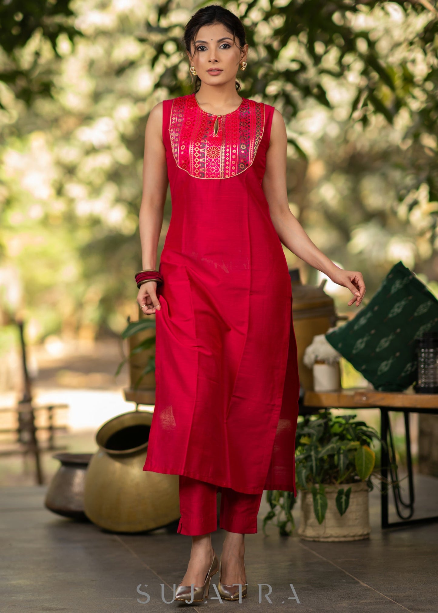 Magenta Cotton silk Kurta with Brocade Yoke and Turquoise jacket - Pant optional