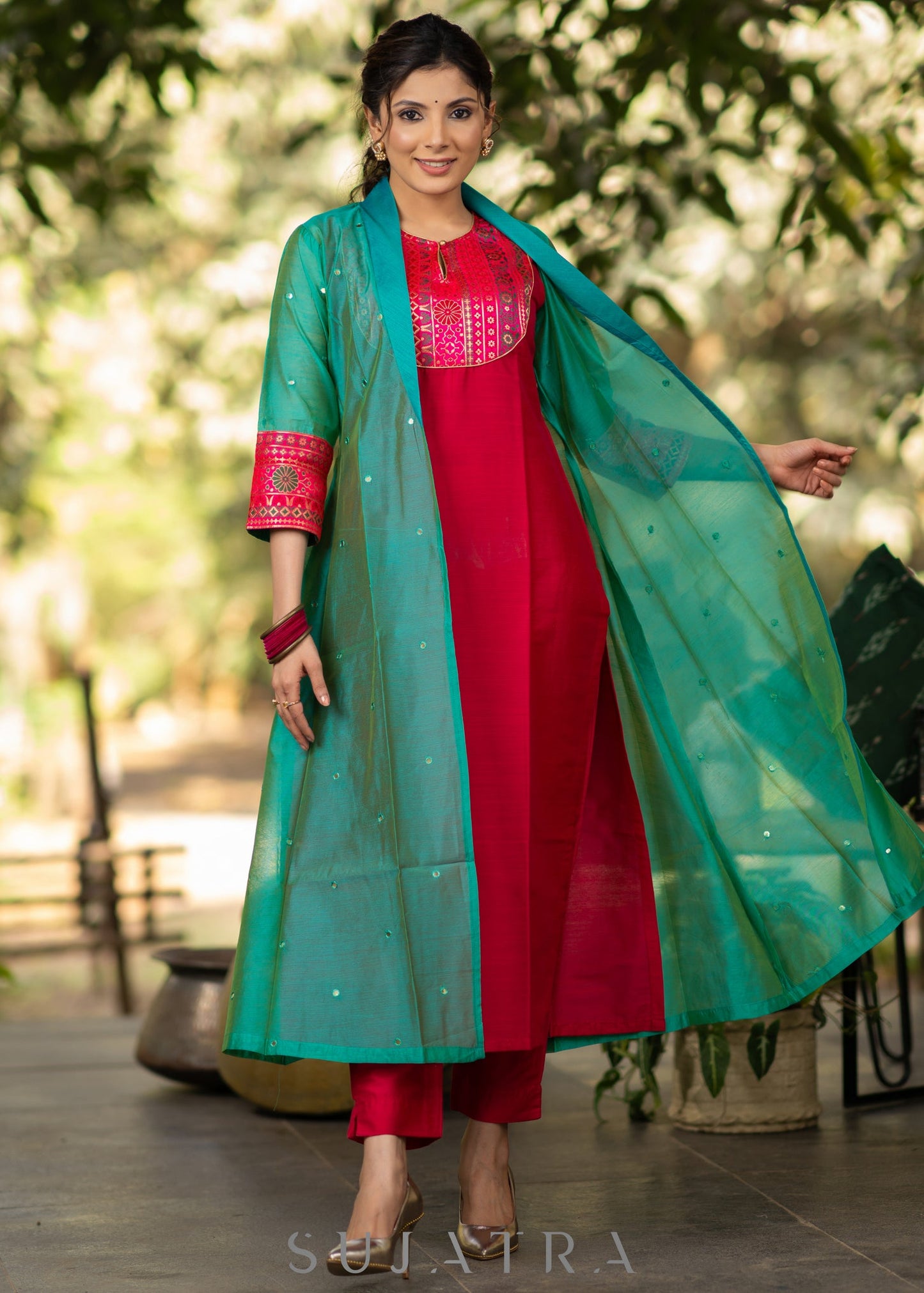 Magenta Cotton silk Kurta with Brocade Yoke and Turquoise jacket - Pant optional