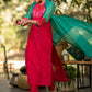 Magenta Cotton silk Kurta with Brocade Yoke and Turquoise jacket - Pant optional