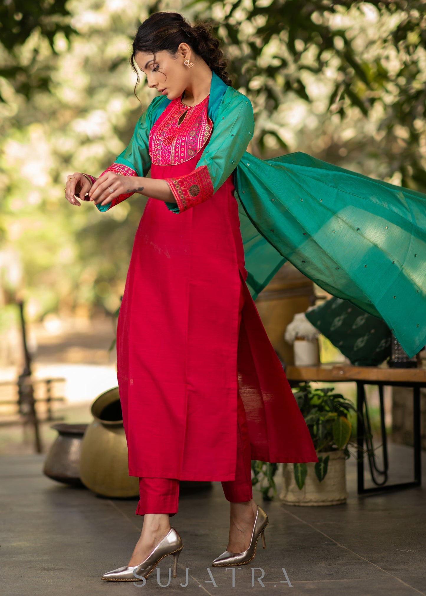 Magenta Cotton silk Kurta with Brocade Yoke and Turquoise jacket - Pant optional