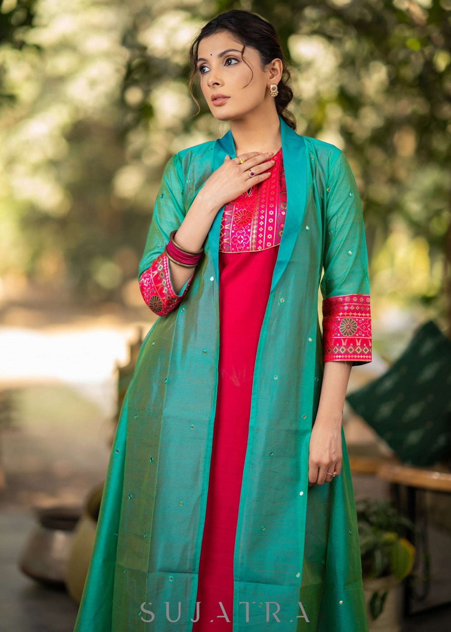 Magenta Cotton silk Kurta with Brocade Yoke and Turquoise jacket - Pant optional