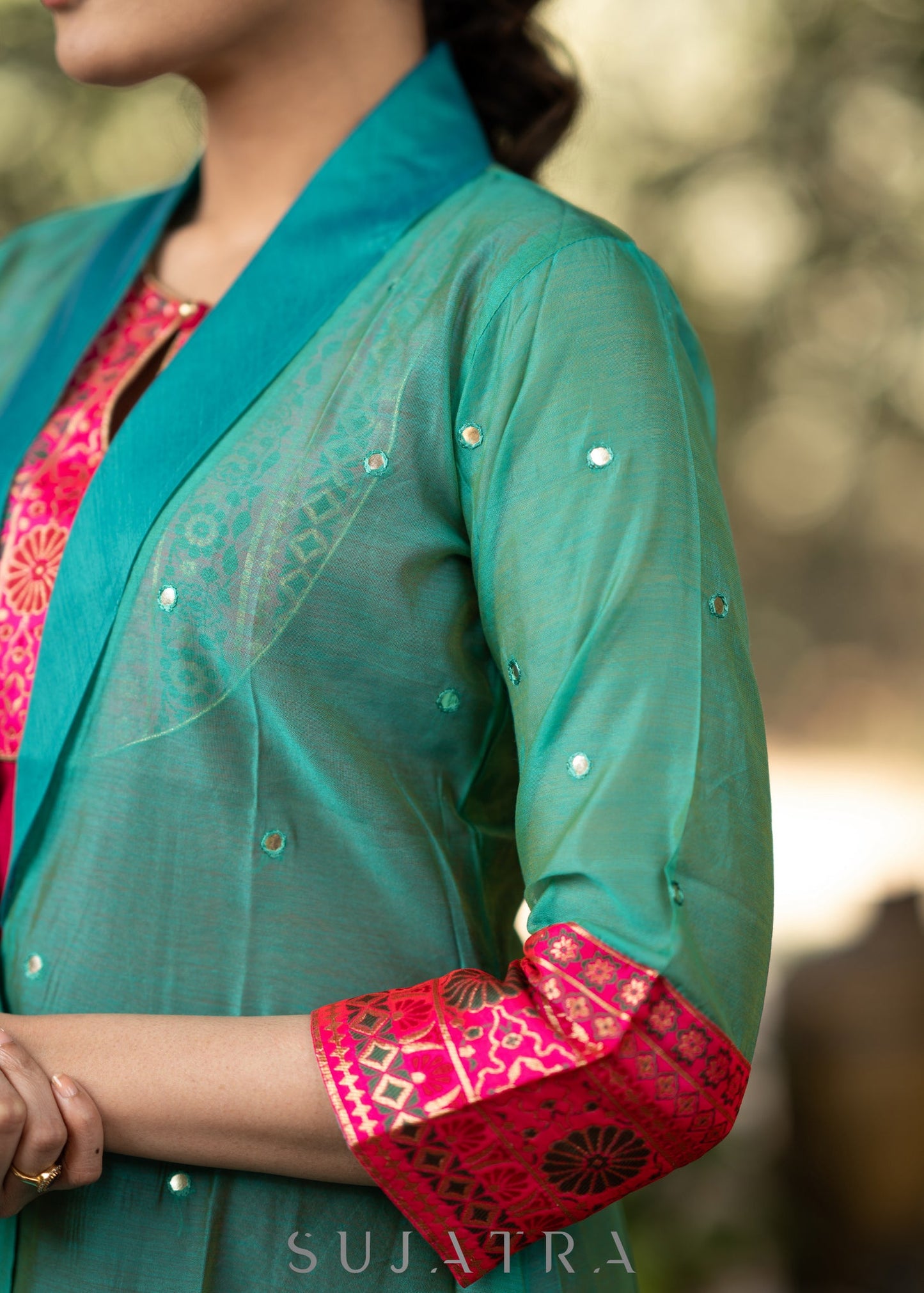 Magenta Cotton silk Kurta with Brocade Yoke and Turquoise jacket - Pant optional