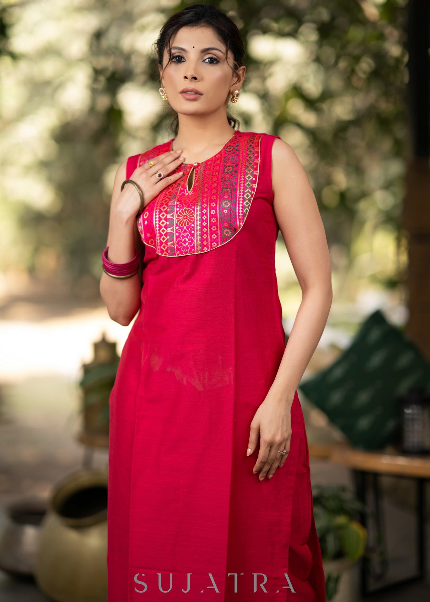Magenta Cotton silk Kurta with Brocade Yoke and Turquoise jacket - Pant optional