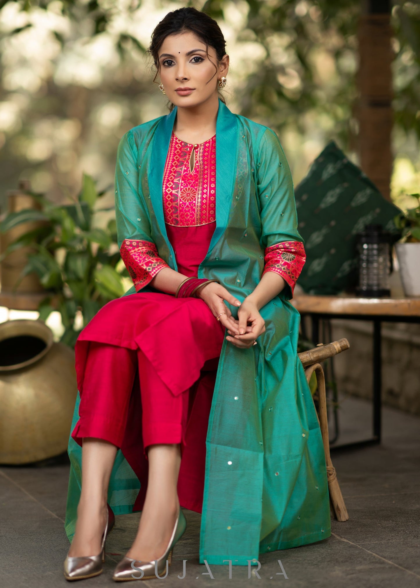Magenta Cotton silk Kurta with Brocade Yoke and Turquoise jacket - Pant optional
