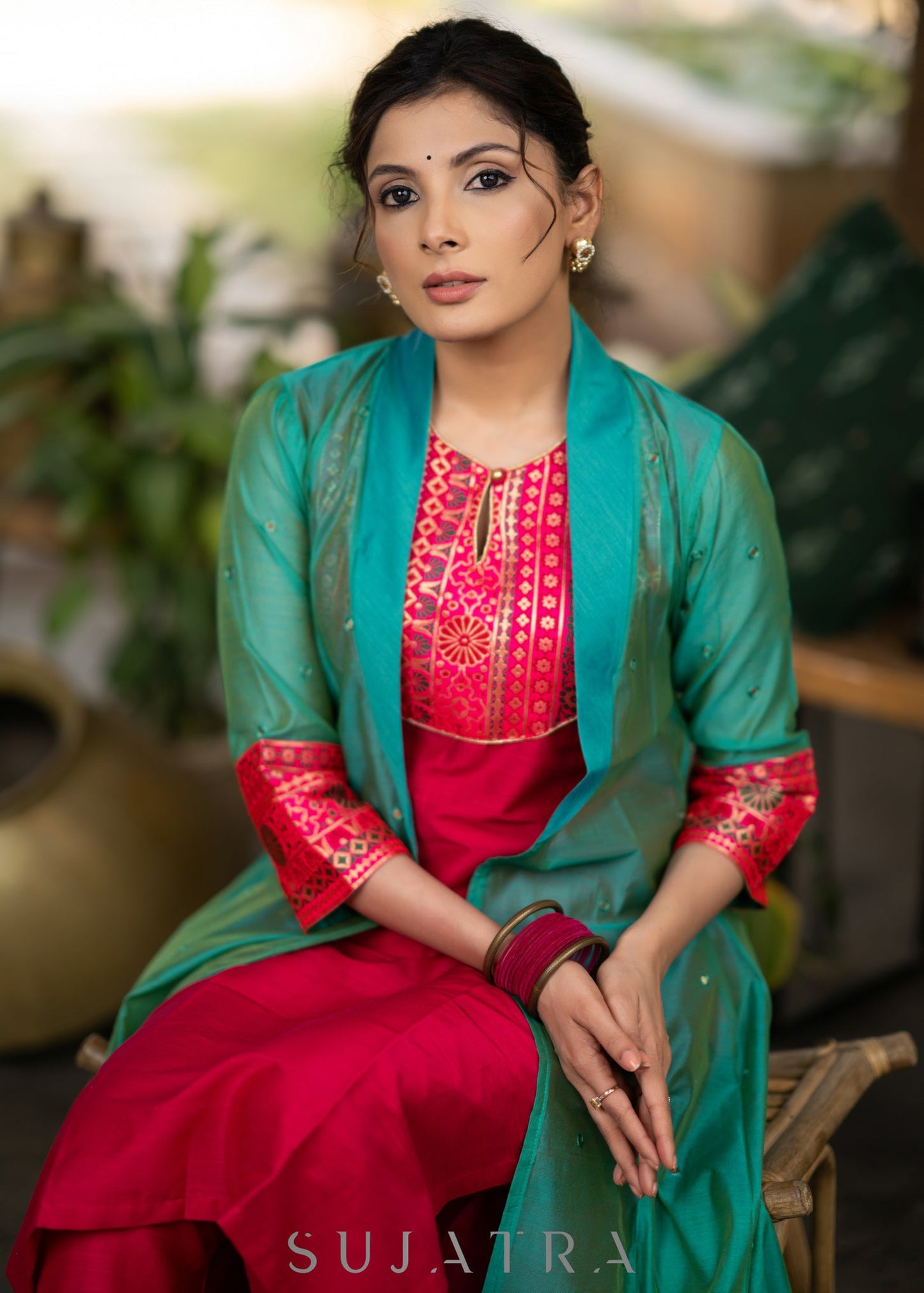 Magenta Cotton silk Kurta with Brocade Yoke and Turquoise jacket - Pant optional