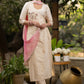 Off-white Cotton silk Gold embroidered asymmetric kurta & Pant - Pink Net Dupatta Optional