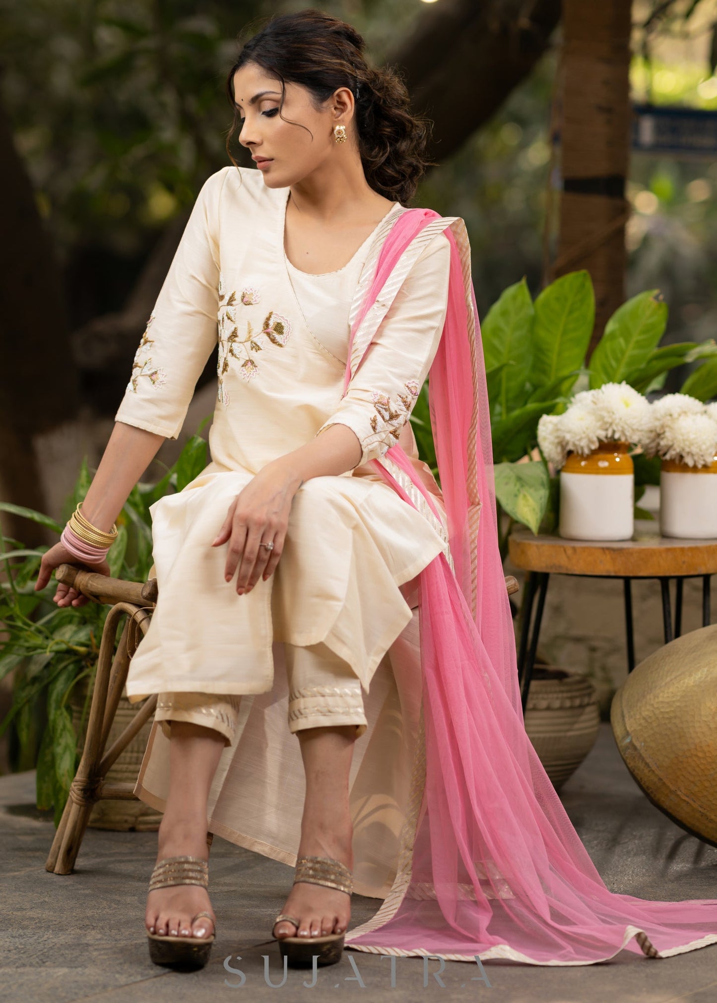 Off-white Cotton silk Gold embroidered asymmetric kurta & Pant - Pink Net Dupatta Optional