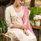 Off-white Cotton silk Gold embroidered asymmetric kurta & Pant - Pink Net Dupatta Optional