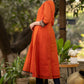 Orange chanderi kurta with brocade yoke and navy Blue Georgette Dupatta - Pant Optional