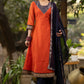 Orange chanderi kurta with brocade yoke and navy Blue Georgette Dupatta - Pant Optional