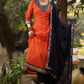 Orange chanderi kurta with brocade yoke and navy Blue Georgette Dupatta - Pant Optional