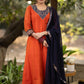 Orange chanderi kurta with brocade yoke and navy Blue Georgette Dupatta - Pant Optional
