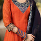 Orange chanderi kurta with brocade yoke and navy Blue Georgette Dupatta - Pant Optional