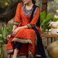 Orange chanderi kurta with brocade yoke and navy Blue Georgette Dupatta - Pant Optional