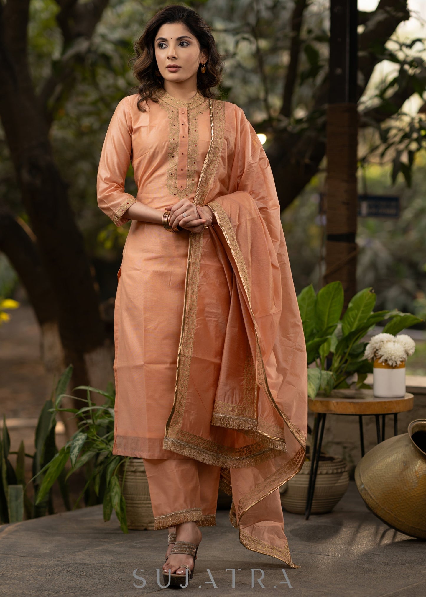 Embroiderd Peach chanderi kurta with pant-   Embroidered chanderi dupatta optional