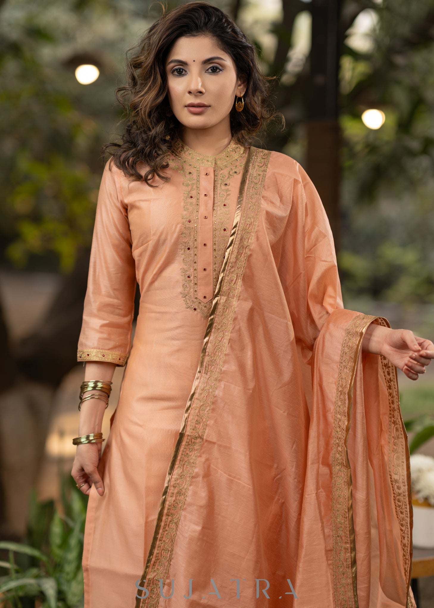 Embroiderd Peach chanderi kurta with pant-   Embroidered chanderi dupatta optional