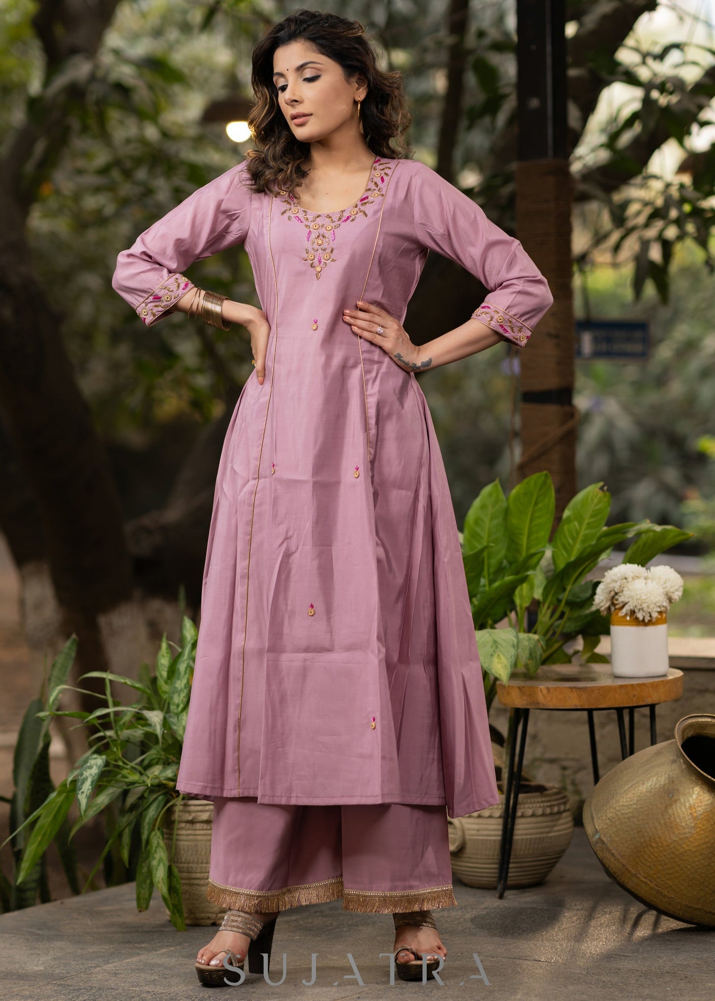 Hand embroiderd lavender Roman silk A line kurta with pant - Organza jacket Optional