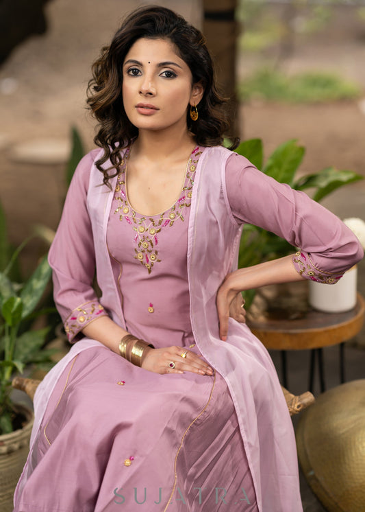 Hand embroiderd lavender Roman silk A line kurta with pant - Organza jacket Optional