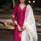 Embroidered magenta cotton silk kurta with pant-Embroidered dupatta optional