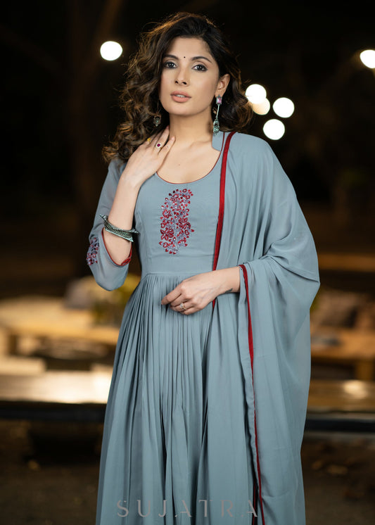 Embroidered grey georgette flared festive kurta with pant - Embroidered Dupatta Optional