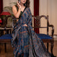 Pure modal silk block printed blue Ajrakh saree with floral motifs